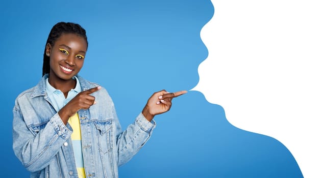 Smiling young black woman points at blank speech bubble, collage