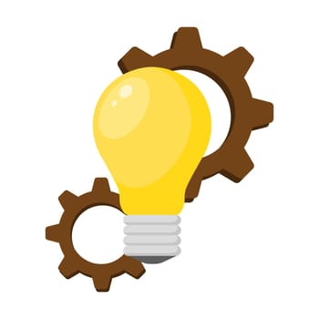 Light bulb with gears vector logo. Idea and work icon vector symbol. Innovation and creation vector icon. Discovery achievement vector.