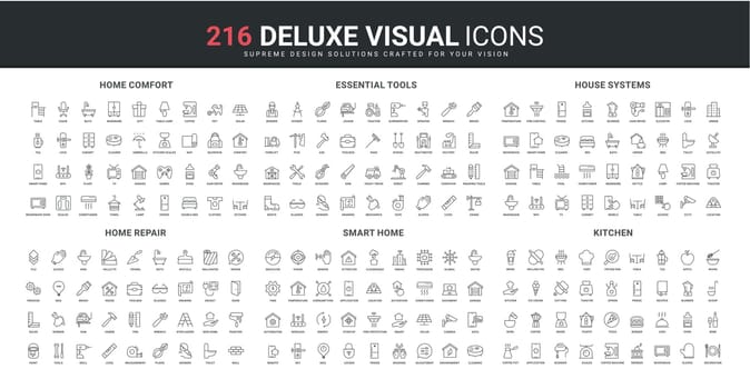 Smart home and equipment, renovation of building, tools and decorations line icons set
