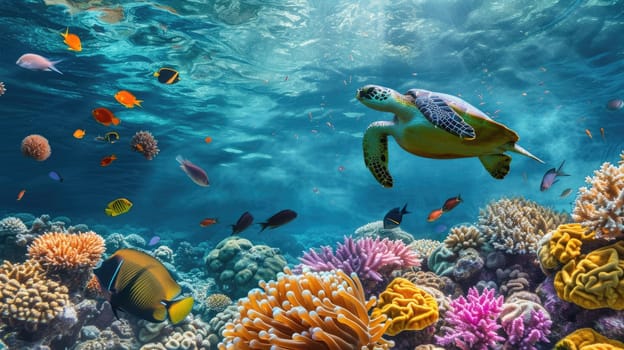 Sea Turtle Swimming in a Vibrant Coral Reef. Resplendent.