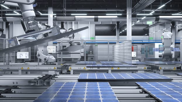 Photovoltaic cells being placed on assembly lines, 3D illustration