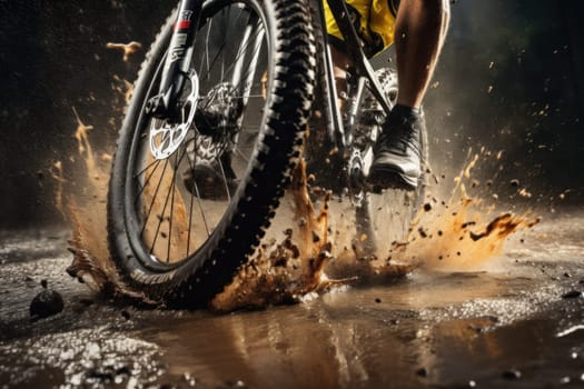 Mountain bike driving fast through mud. .Generative AI