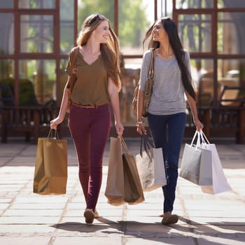 Women, friends and walking with shopping bag or talking of fashion, sale and discount outdoor by store, mall or city. Young and happy people with style, clothes and luxury for commerce or retail