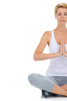 Woman, prayer with yoga and meditation in studio with mindfulness and peace of mind on white background. Exercise, wellness and health with chakra balance for holistic healing, spiritual and zen
