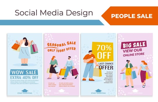 Network web banner set with flat people shopping. Social media story collection with man woman people character hold bags, vector illustration. Online store advertising with special discounts