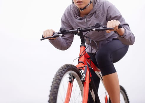 Bicycle, cycling and person outdoor for exercise, workout or training for body health with fog on mockup in winter. Fitness, sports and mountain bike for travel, adventure and transport with mist
