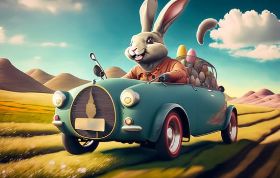 Smiling cute and cool cartoon style Easter bunny racing in retro car for Easter. Happy Easter Poster and template with Easter bunny and colorful Easter Eggs.
