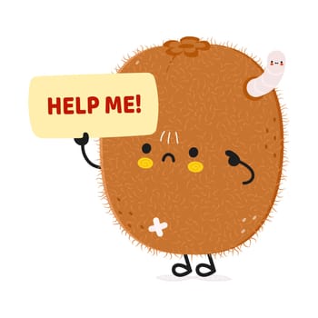 Cute sad sick Kiwi fruit asks for help character. Vector hand drawn cartoon kawaii character illustration icon. Isolated on white background. Suffering unhealthy Kiwi fruit character concept