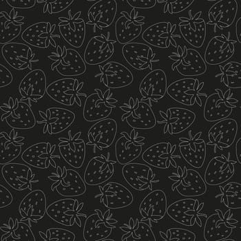 Line art strawberry summer fruit seamless pattern for textile, scrapbook, wallpaper, decorative paper. Vector dark background illustration with sweet food