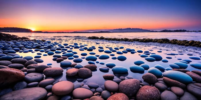 A serene pebble beach glows under the warm hues of the setting sun. Generative AI.