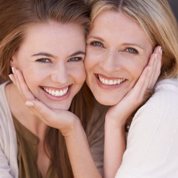 Mother, daughter and embrace with smile, closeup and love for happiness outside. Women, motherhood and mom for growth, connection and positivity while relaxing with family and sunshine, joy or fun