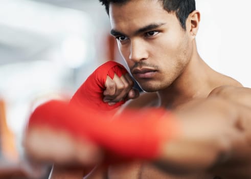 Boxer, man and training for sports competition, fitness and exercise for health. Professional fighter, workout and gym for wellness person, strong athlete body and champion mma for martial arts