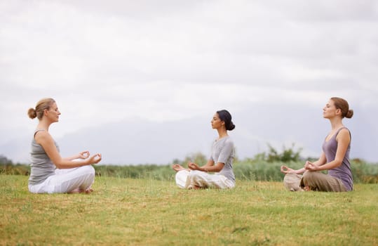 Lotus, group and meditation in nature for yoga, healthy body and mindfulness exercise to relax. Peace, instructor and calm women in padmasana outdoor on mockup, spirituality and breathing together