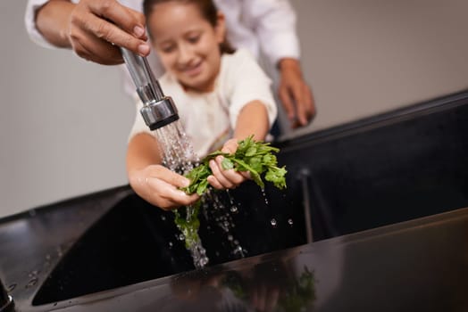 Child, washing and kitchen sink with salad, food and cleaning for cooking in a home. Water, health and happy girl with herb and helping for lunch and meal together with youth and learning hygiene