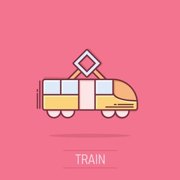 Metro icon in comic style. Train subway cartoon vector illustration on isolated background. Railroad cargo splash effect business concept.