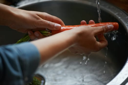 Hands, carrots and washing vegetables or healthy food in sink, preparing meal and kitchen while ready to cook. Person, rinsing fresh produce in basin at home for diet or organic recipe for wellness