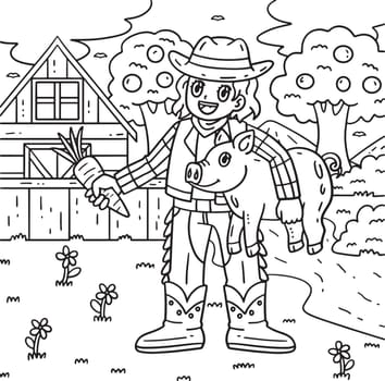 Cowgirl with Piglet and Carrot Coloring Page