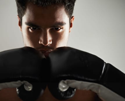 Man, confident and portrait with boxing gloves in studio for self defense, mma and combat. Male person, fighter and personal trainer for physical sport with commitment, serious and closeup for action