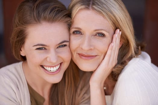 Happy family, portrait and face of mother and daughter with embrace for support, trust or care at home. Closeup of female person or parent with smile for bonding, parenthood or relationship at house