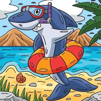 Shark with Snorkel and Float Ring Colored Cartoon