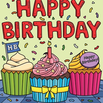 Happy Birthday Cupcakes Colored Cartoon