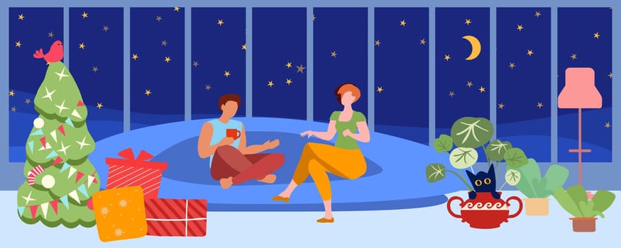 New Year, Christmas, people in the interior. Couple on the sofa, cat hiding, Christmas tree with gifts. Vector illustration, hand drawn, not AI,