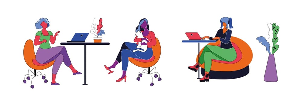 Set of girls in a comfortable workplace. Distant work. Bright vector illustration.