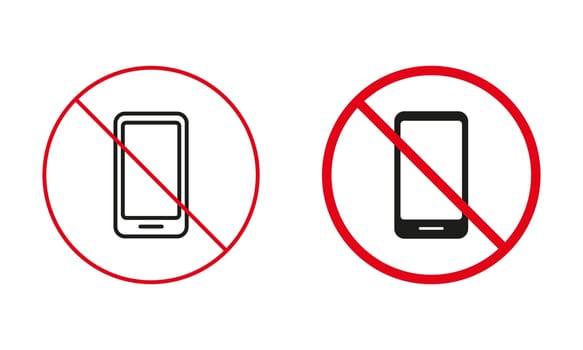 Use Smartphone Is Prohibited Line And Silhouette Icons. No Mobile Phone Allowed Warning Sign Set. Calling Forbidden, Silent Zone Red Circle Symbol. Isolated Vector Illustration