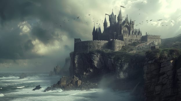 A historic medieval castle on a cliff, ocean waves crashing below. Resplendent.