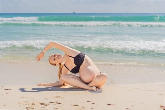 Harmonizing mind and body, a pregnant woman gracefully practices yoga on the beach, embracing the serenity of the seaside for a tranquil and mindful pregnancy experience