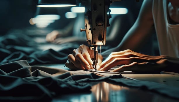 Close-up of hands sewing in a dimly lit garment factory, symbolizing fast fashion's human toll