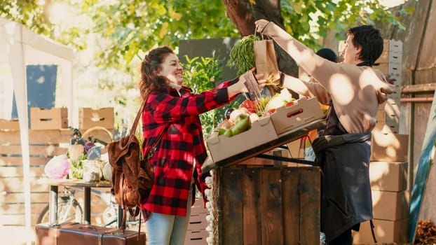 Small business owner giving bag with organic veggies to female client