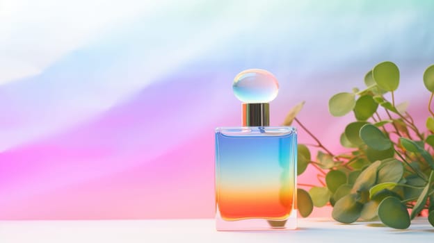 Transparent rainbow glass perfume bottle mockup with plants on background. Eau de toilette. Mockup, spring flat lay.