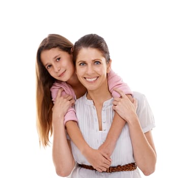 Happy mom, portrait and hug with child for family, support or love in bonding on a white studio background. Mother, daughter or kid with smile for embrace, trust or parenting in protection or safety