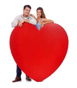 Couple, happy and heart paper in studio for love, romance and portrait with care and mockup on a white background. Young woman and man with red emoji, shape and marketing space for valentines day