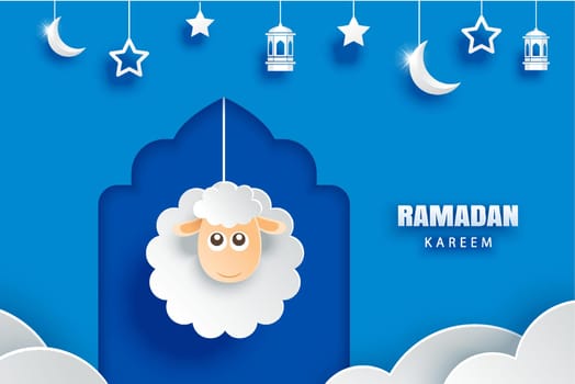 Ramadan kareem greeting card background. Eid mubarak paper art banner illustration design.