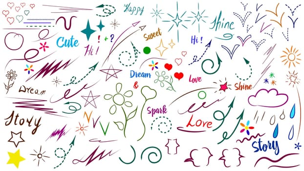 A set of various handwritten doodles in the form of underscores, arrows, brackets, symbols, and signs, on a white background.