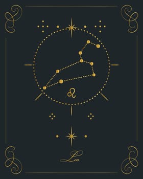 Magic astrology poster with Leo constellation, tarot card. Golden design on a black background.