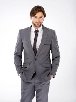 Businessman, portrait and fashion with style for career ambition or opportunity on a white studio background. Handsome or attractive man, employee or professional in confidence or suit for business