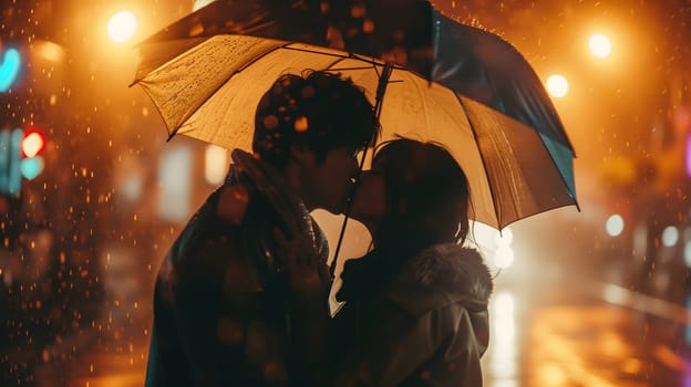 Couple kissing in the rain with back cinematic light. Neural network generated image. Not based on any actual person or scene.