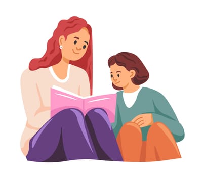 The mother and daughter sit with bent knees, reading a book and smiling. Vector illustration in flat style. Isolated on white background.