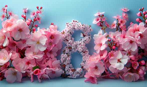 The letter b is crafted from pink flower petals on a blue background