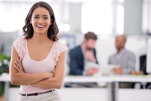 Business, office and portrait of woman with pride, smile and career opportunity at startup. Confidence, happy or professional businesswoman with job in project management, development or consulting
