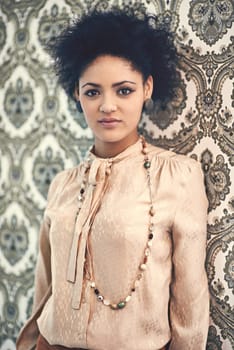 Black woman, portrait and serious with vintage fashion for classic, old school and 70s style with gen x. Female person, retro clothes and accessories for unique look, trendy and antique wallpaper