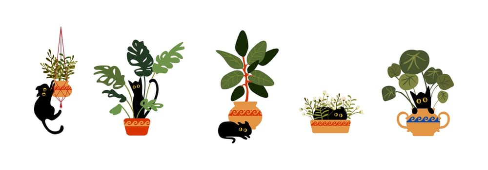 Set cartoon black cat in a pot with houseplants. Funny pets vector scene. A cheerful cat hides behind a flower pot, hooligans, jumps on plants.