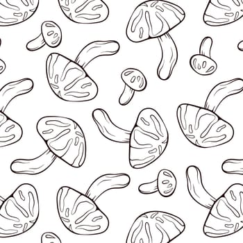 Seamless pattern with edible mushrooms Shiitake in line art style. Design for wrapping paper, wallpaper, textiles, menu. Vector illustration on a white background.