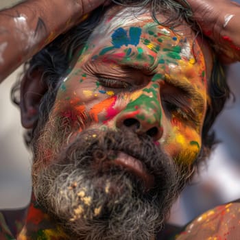 Portrait of a man with face paint celebrating Holi.