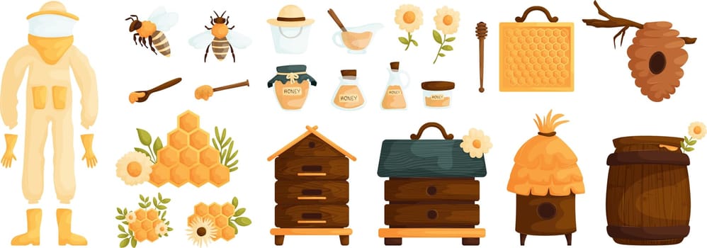 Set of honey products. Jar, bee insect, ladle, honeycomb, flowers, beehive and barrel. Honey and apiary production or equipment. Natural organic product, healthy sweet food, sugar dessert. Vector