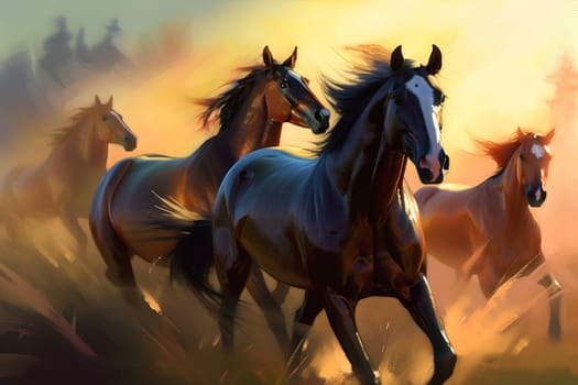 Running horses sunrise. Nature animal