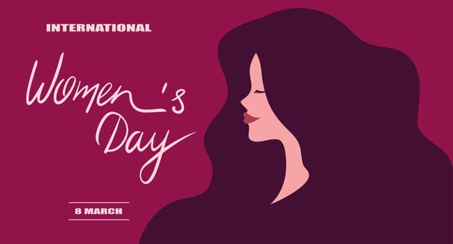 International Womens Day banner with a beautiful woman with long hair. Vector illustration